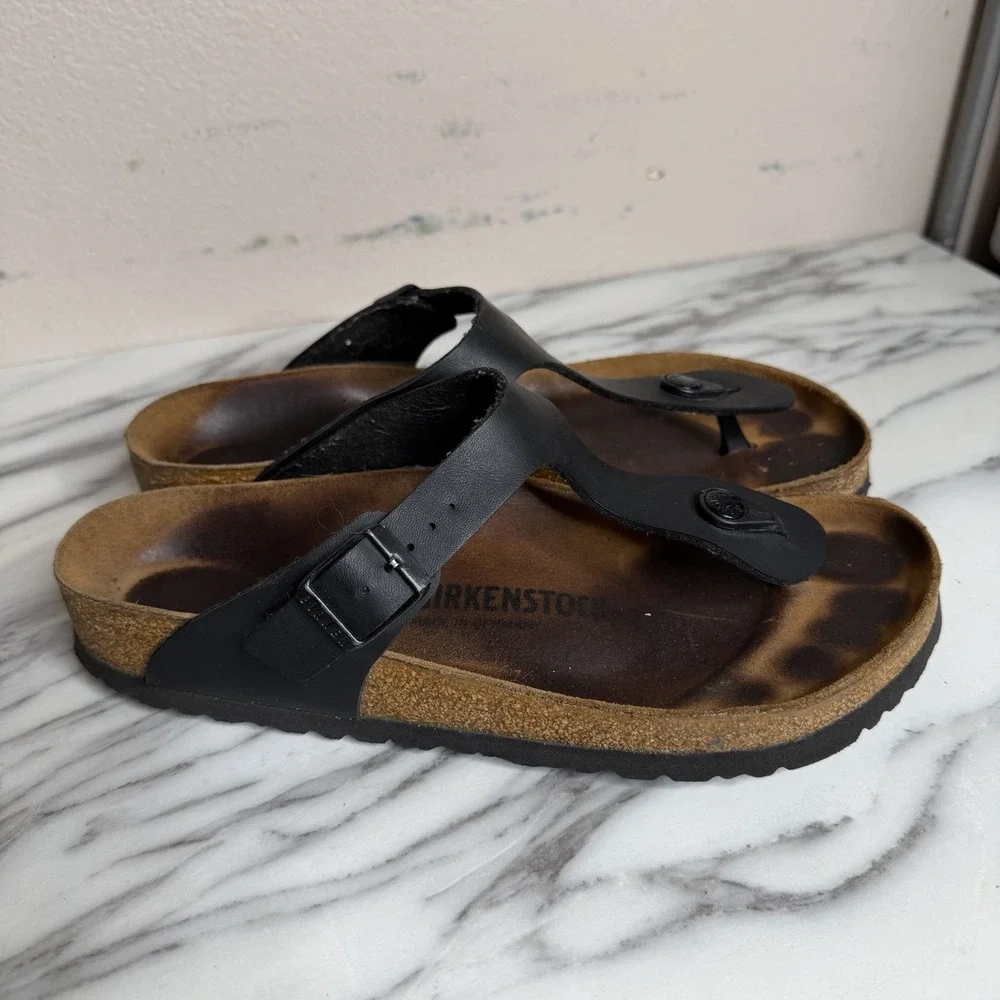 Birkenstock Gizeh Womens Leather Sandals Black Thong Birkoflor Size 40 US 9 Cork